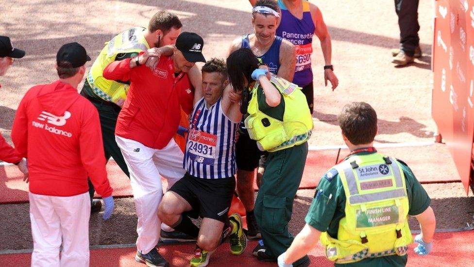 Runner collapses at finish line