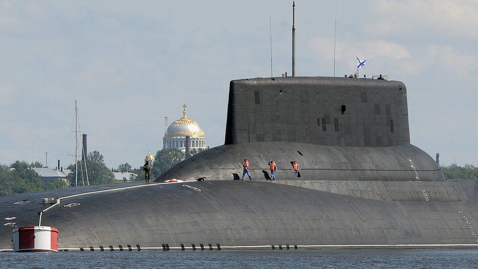The Russian submarine Dmitry Donskoy, the world's largest in active service, arrives at Kronstadt Navy base, outside Saint Petersburg, on July 26, 2017