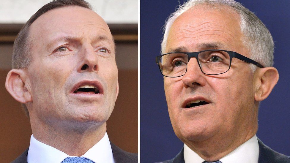 This combo of file photos shows Malcolm Turnbull (R) speaking at a press conference in Sydney September 24, 2013 and Tony Abbott (L) speaking at Parliament House in Canberra on September 9, 2015