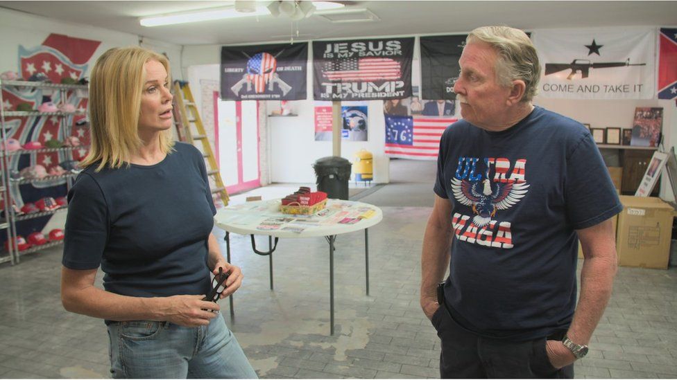 Katty Kay and Steve Slaton in his Arizona store devoted to Trump merchandise