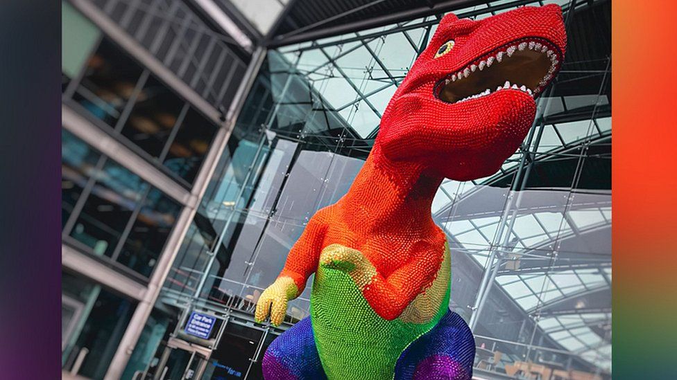 T.rex in Pride colours outside Norwich Forum