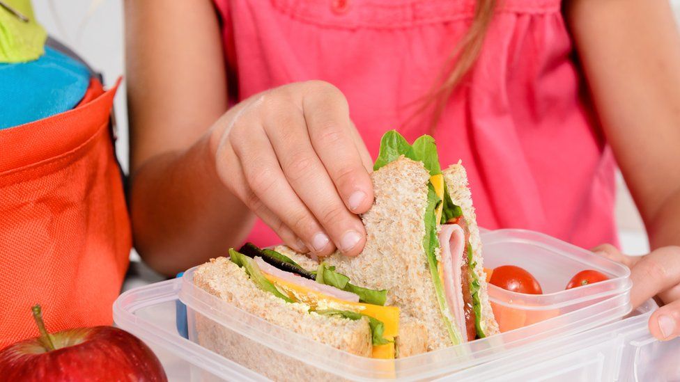 Girl picking up sandwich from lunchbox