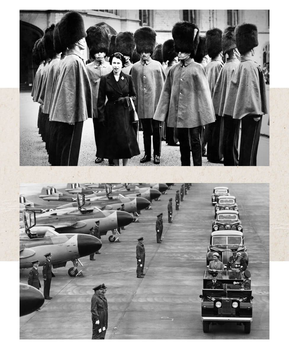 Two pictures of the Queen, the top one showing her inspecting Grenadier Guards in 1952, the bottom one inspecting RAF crews in 1957