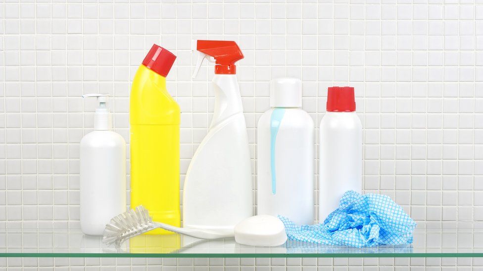 Cleaning products on a shelf