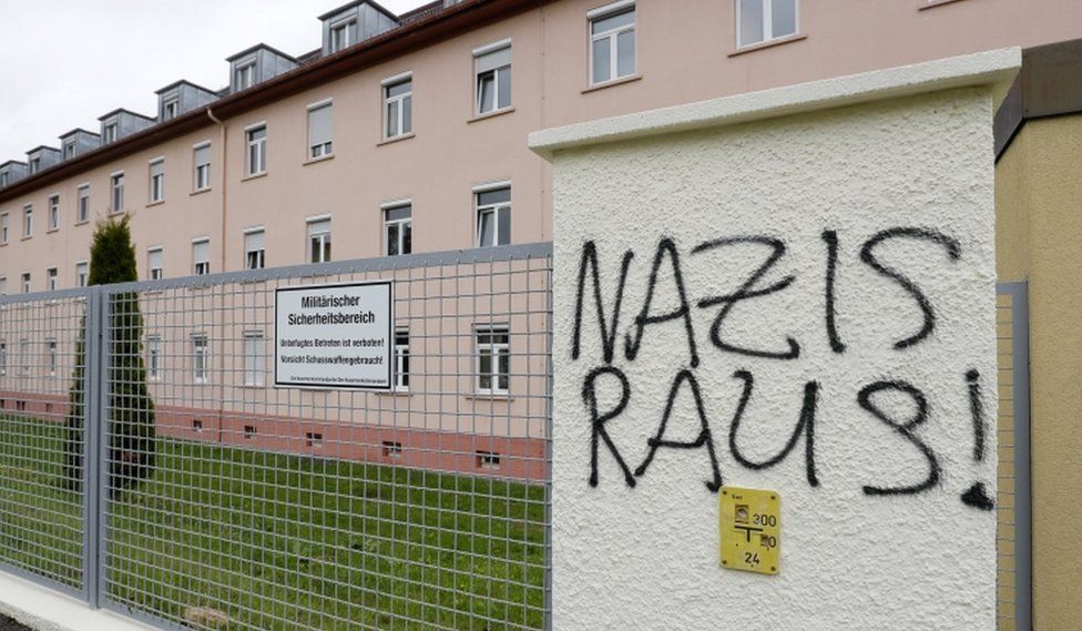 Letters reading "Nazis Raus!" (Nazis out!) on a fence near the main gate of the Fürstenberg barracks in Donaueschingen, Germany, 07 May 2017.