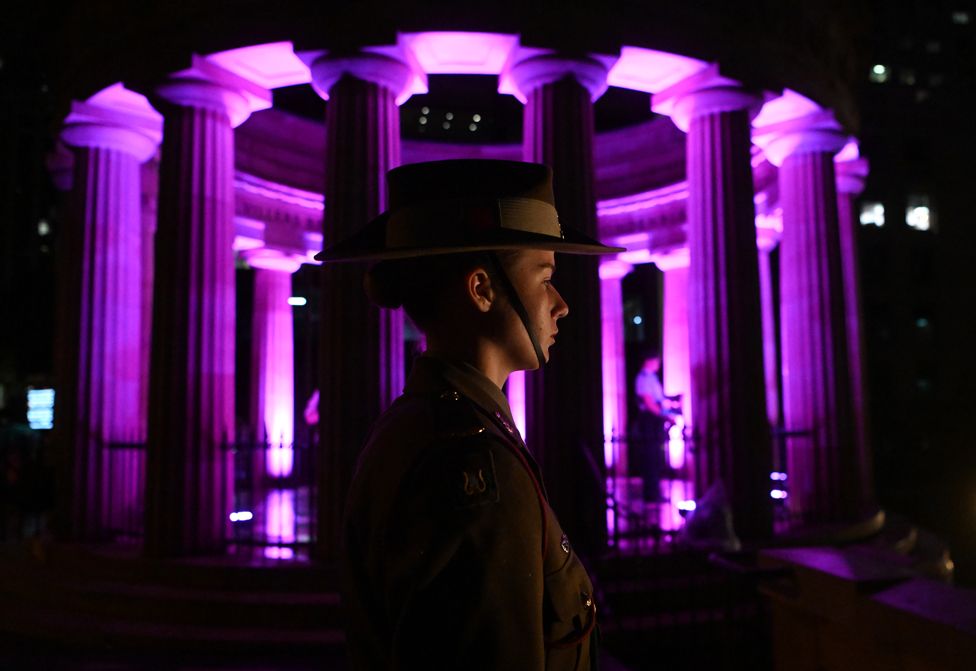 A member of the Australian Defence Forces stands guard during Anzac Day commemorations at the Cenotaph in Brisbane, Australia, on 25 April 2022