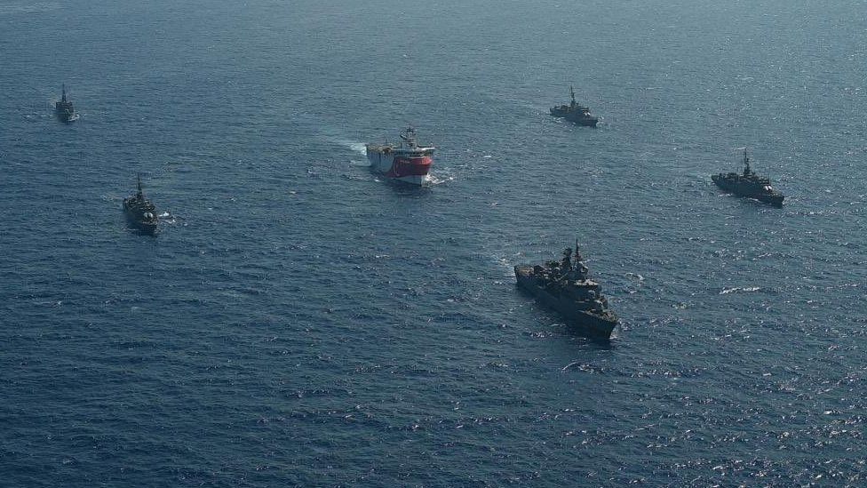 Oruc Reis is escorted by Turkish Navy ships as it sets sail in the Mediterranean Sea, off Antalya, Turkey, August 10, 2020