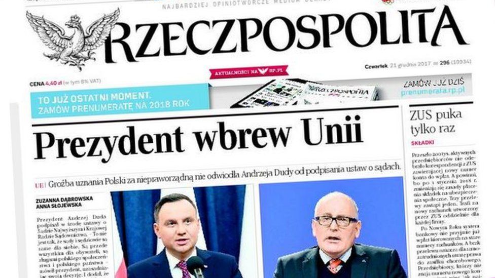 Front page of Rzeczpospolita newspaper