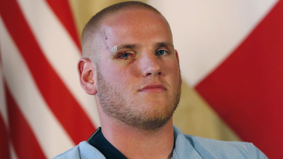 Spencer Stone at press conference in Paris, 23 August 2015