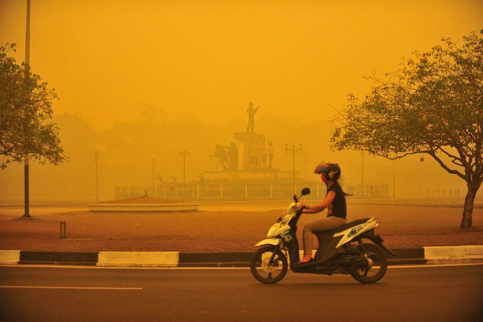 An Indonesian woman rides a motorbike amid thick yellow haze in Palangkaraya, Central Kalimantan province, Indonesia, 23 October 2015