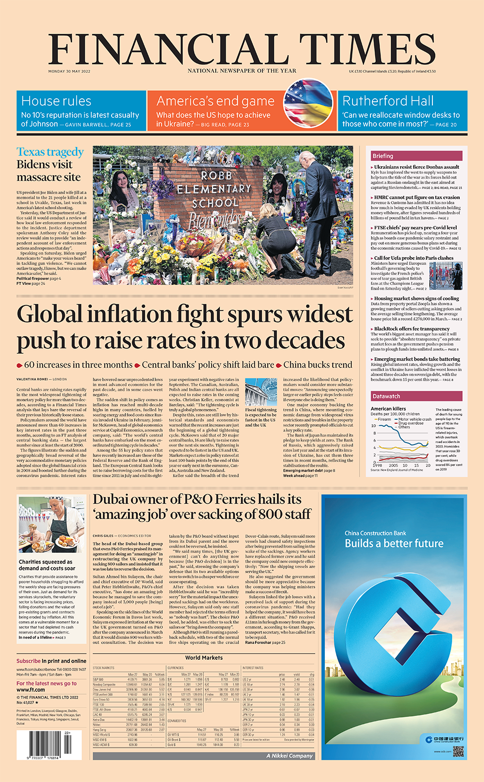 The headline in the Financial Times reads 'Global inflation fight spurs widest push to rates in two decades'