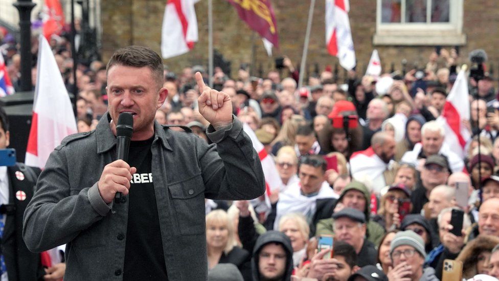 Tommy Robinson, real name Stephen Yaxley Lennon speaking during a St George's Day rally on Whitehall