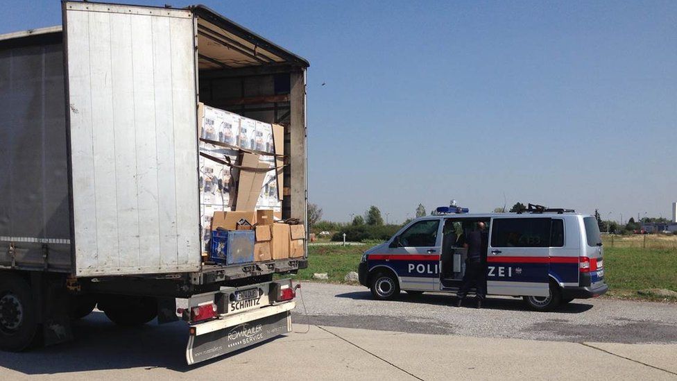 Austrian police checking a lorry