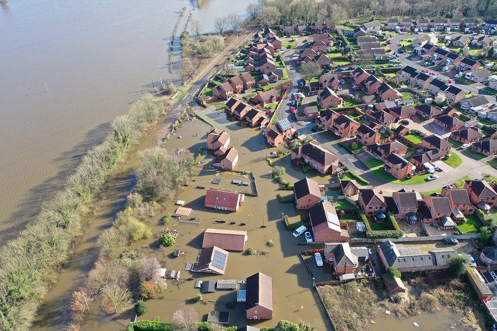 Aerial view of flooded homes in Snaith