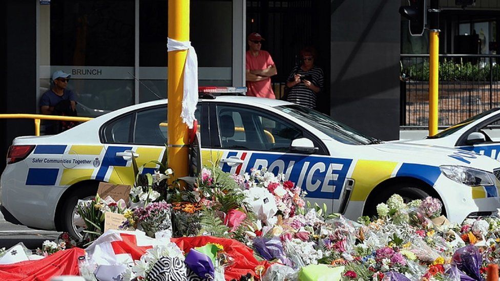Flowers in Christchurch after the shootings in March 2019