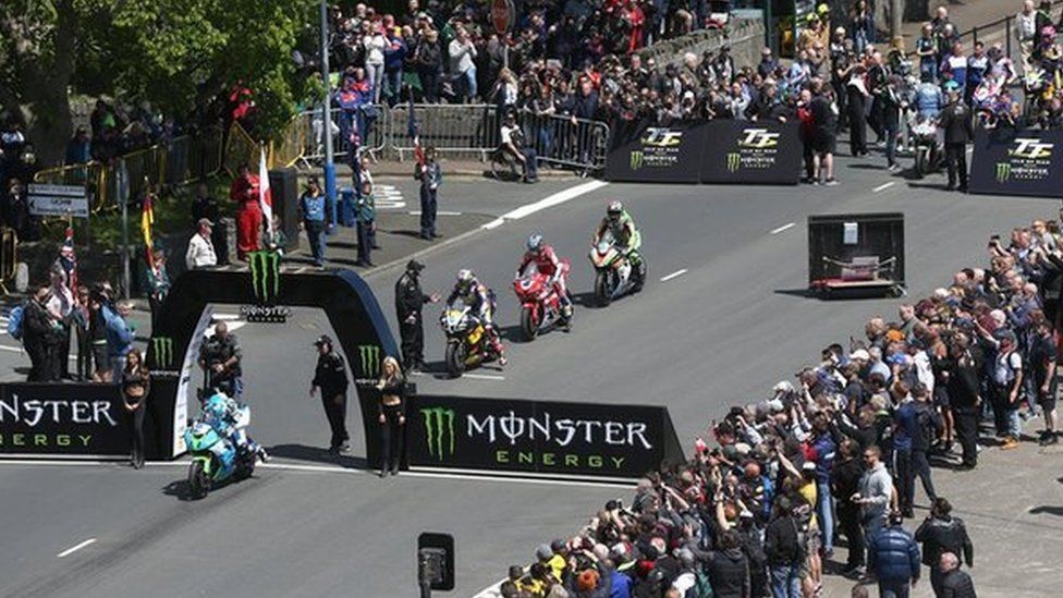 Motorcycles at the start line on the TT course