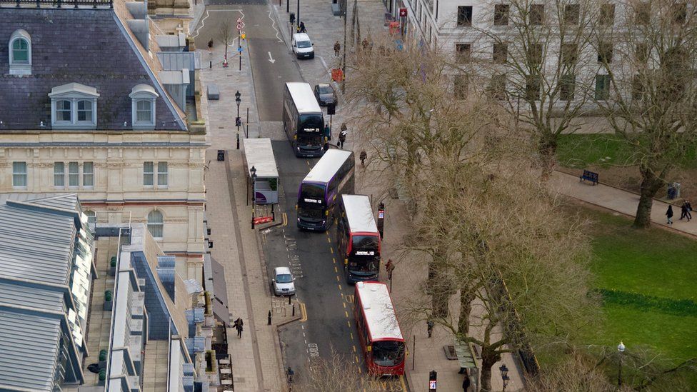 An aerial shot of buses