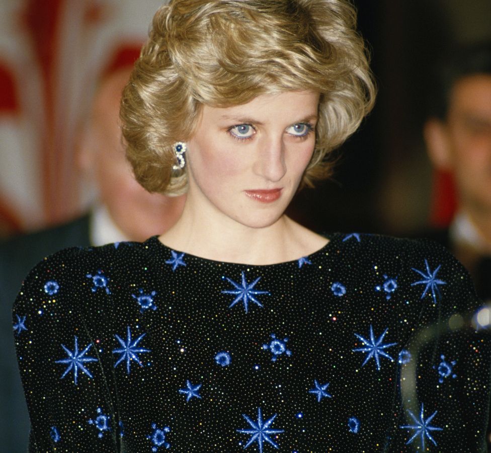 Princess Diana, wearing a Jacques Azagury gown, attending a mayoral dinner in Florence, Italy, April 1985