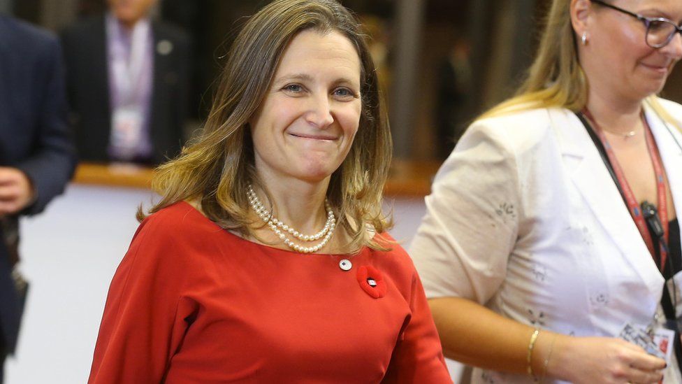 Canadian Minister of International Trade Chrystia Freeland arrives for the EU-Canada summit meeting on October 30, 2016 at the European Union headquarters in Brussels.