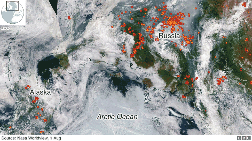 Satellite image showing wildfires across the Arctic