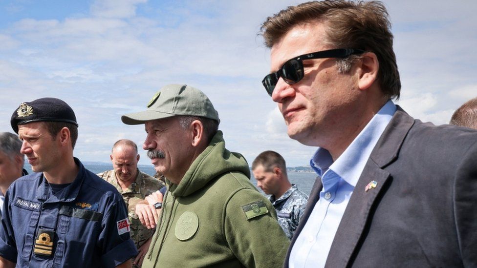 Ukraine Deputy Defence Minister Volodymyr Havrylov and Defence minister James Heappey visit a Royal Navy Sandown Class mine hunter at sea off the coat of Scotland