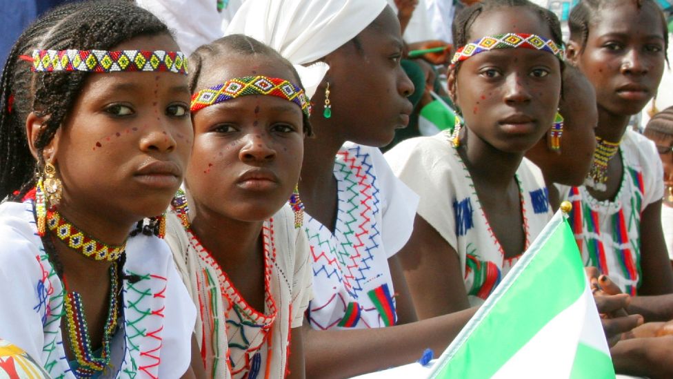 Schoolchildren in cultural costumes with a flag of Nigeria at the 55th anniversary celebrations - Kaduna, Nigeria, 1 October 2015