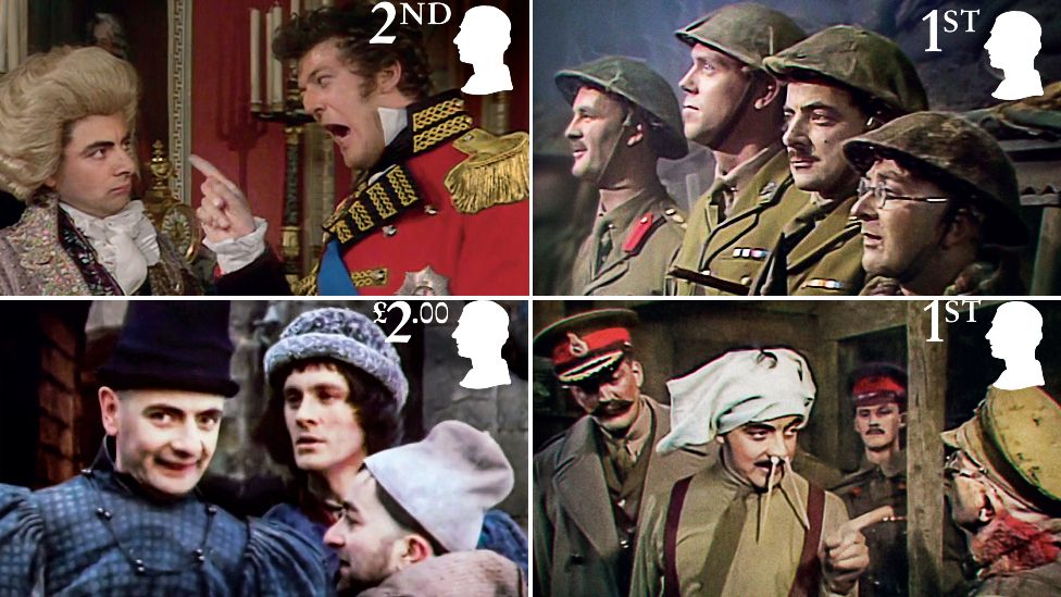 A enactment    of Royal Mail's Blackadder stamps