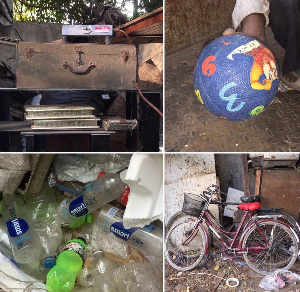 Plastic bottles of Coca-Cola's Glaceau Smartwater, photo albums, a brown suitcase, a ball and bicycles.