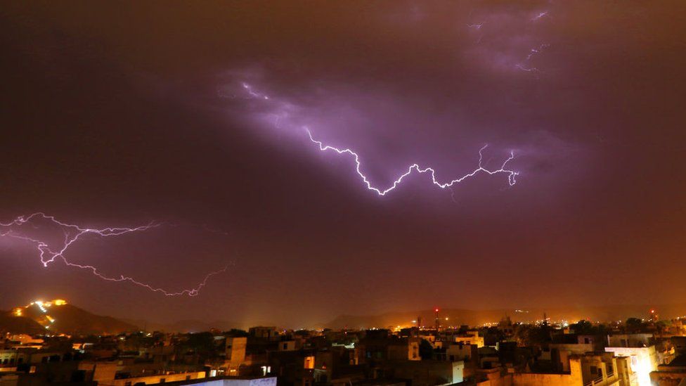 A view of thunder lightning strikes over the sky at walled city of Jaipur , Rajasthan , India on 19 May, 2017.