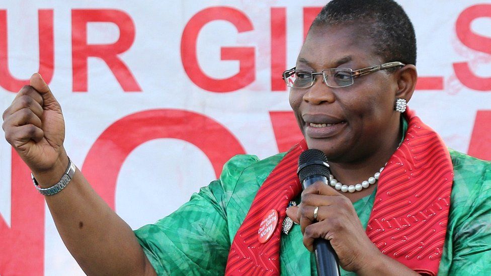 BringBackOurGirls campaigners Oby Ezekwesili speak during a meeting with the group in Abuja, on June 19, 2015.