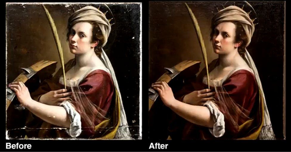 Artemisia Gentileschi Self Portrait before and after