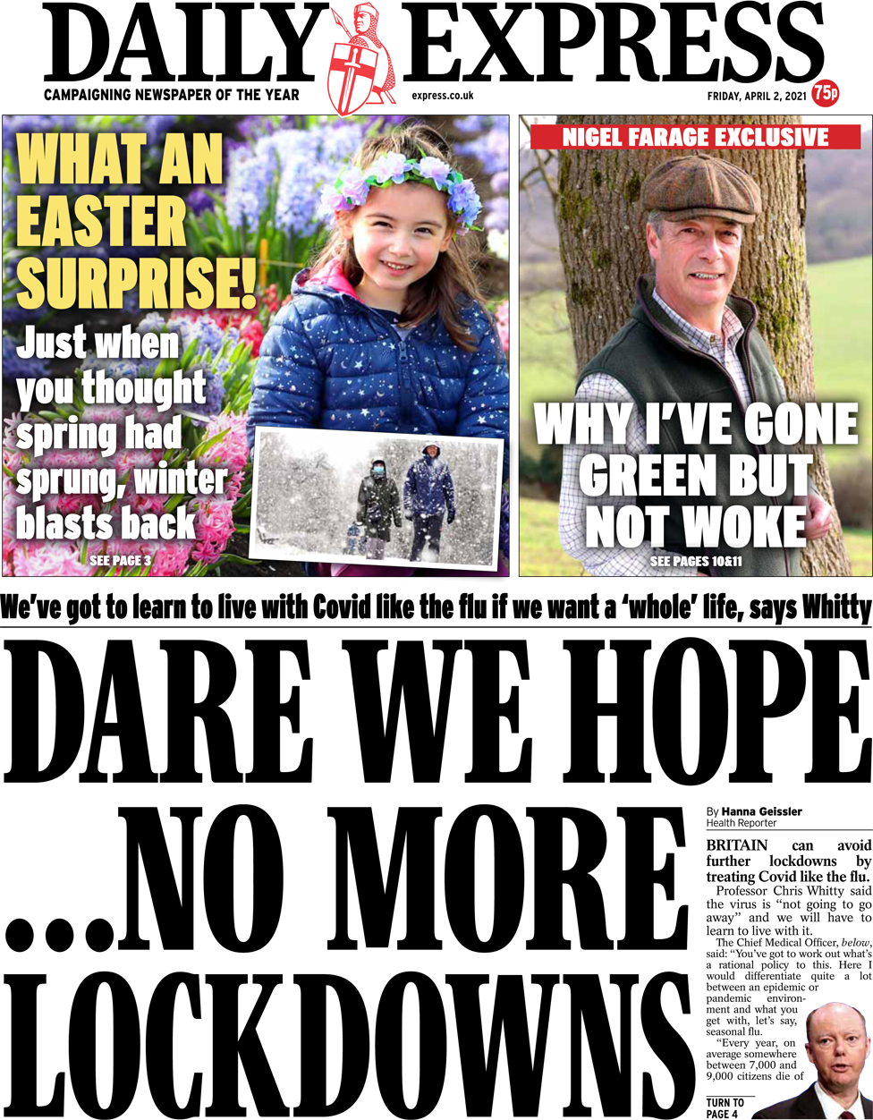 The Daily Express front page 2 April 2021