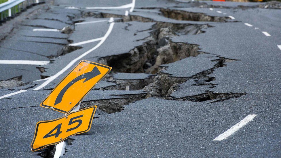 Earthquake damage to State Highway 1 is seen south of Kaikoura on November 16, 2016.