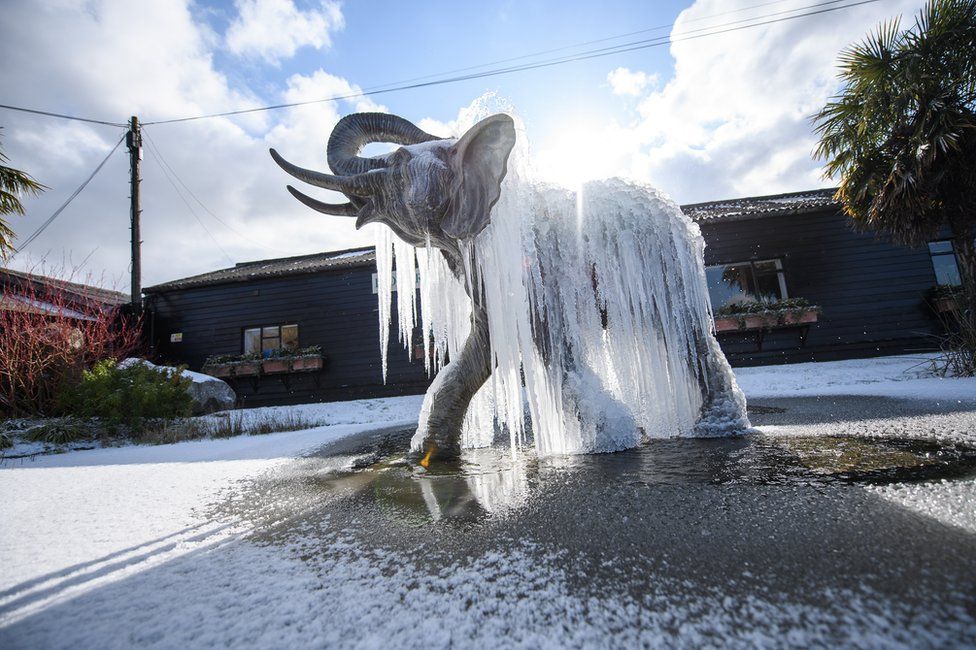 Icicles hang from a frozen elephant fountain in Colchester