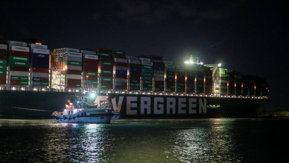 The Ever Given container ship in the Suez Canal, Egypt, on 27 March 2021