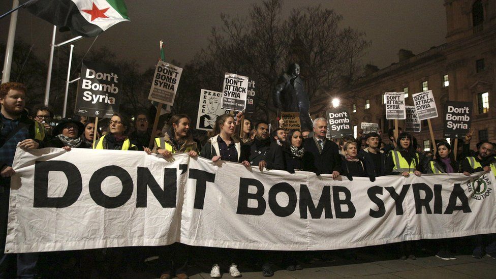Anti-war protesters in London holding a "don't bomb Syria" sign