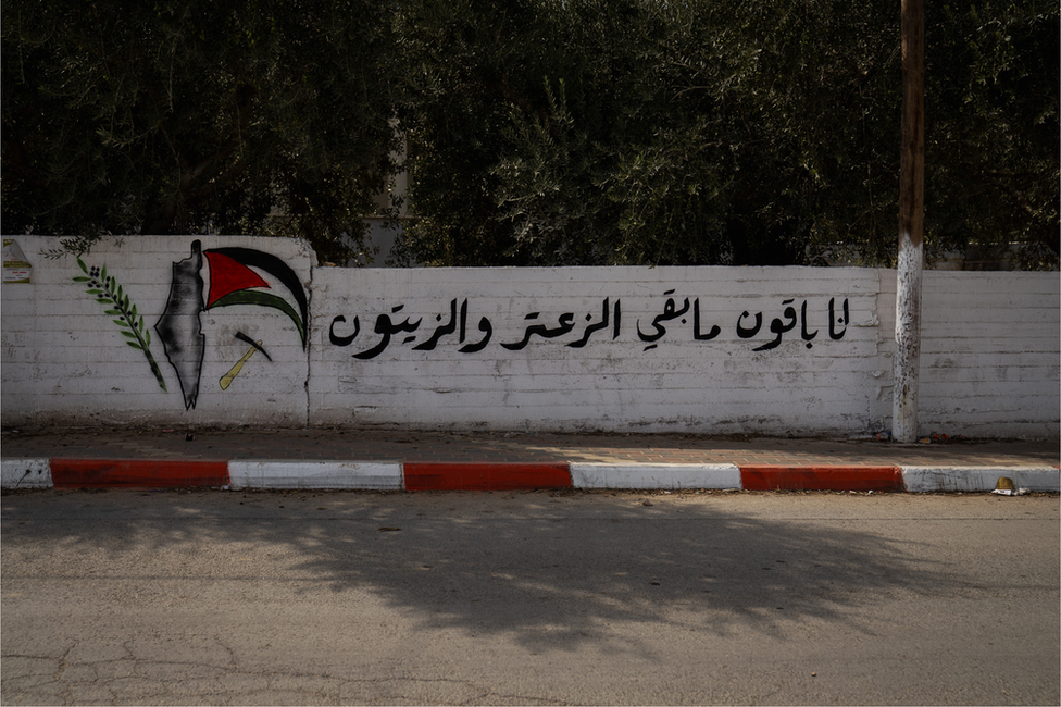 A Palestinian saying - "We will stay here as long as there are thyme and olives" - on a wall where Moath Odeh was killed