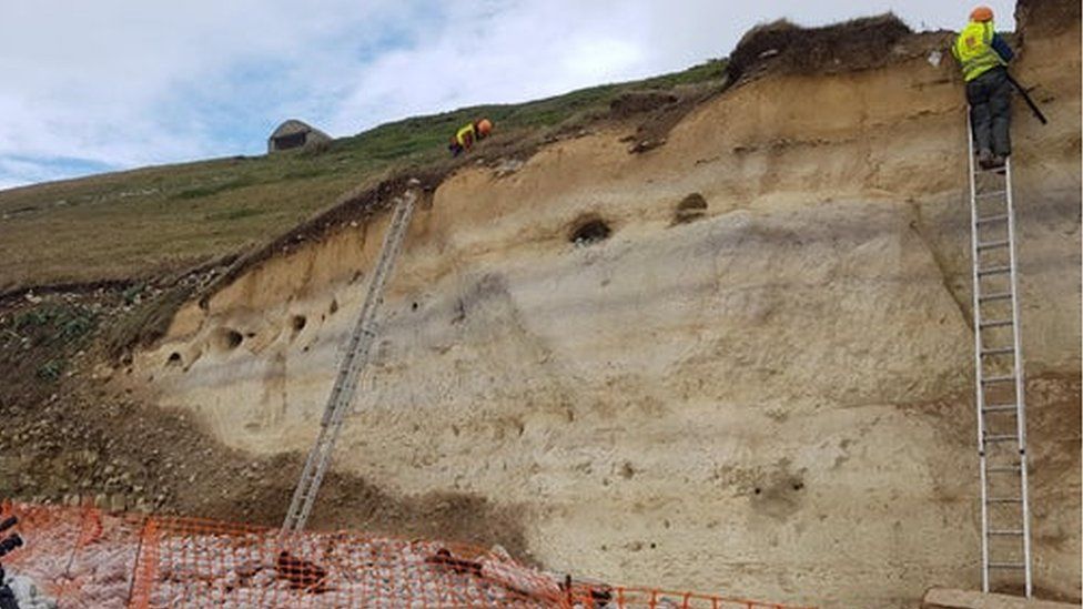 Looking up at the cliff as experts excavate the remains
