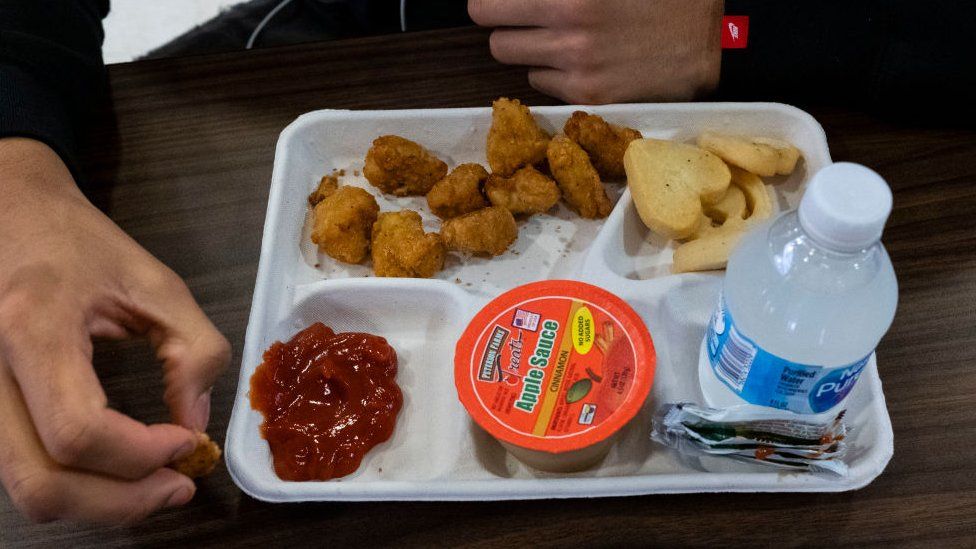 A US high school lunch of nuggets, biscuits, apple sauce and water