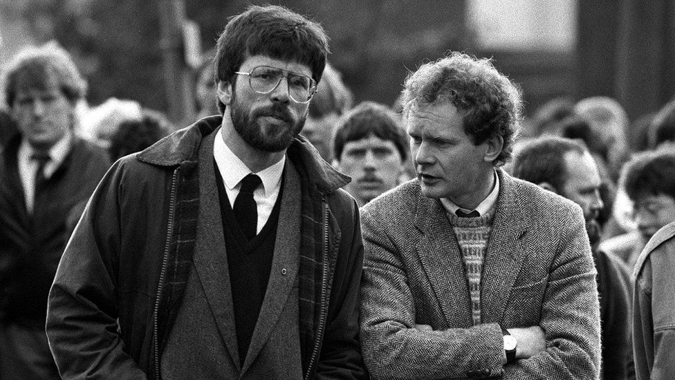 Gerry Adams and Martin McGuinness at a funeral in 1987