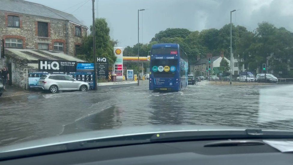 flash-flood-hits-truro-roundabout-amid-weather-warning-bbc-news