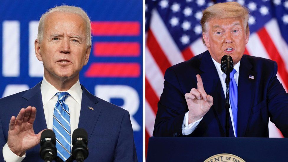 Combination picture of Democratic U.S. presidential nominee Joe Biden and US President Donald Trump speaking about the early results of the 2020 election on 4 November 2020