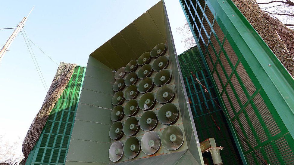 A loudspeaker is seen at a military base near the border between South Korea and North Korea on January 8, 2016