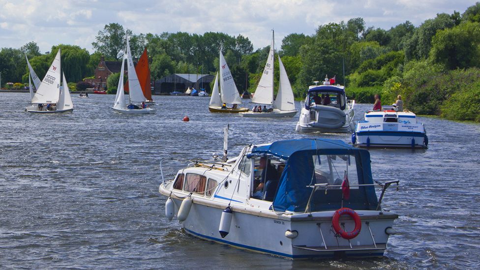 Day boats and sailing craft on the Broads in Norfolk