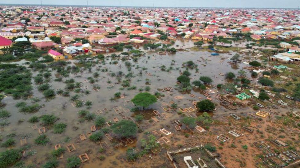 Aerial view of the flooded cemetery in Galkayo, Somalia - November 2023