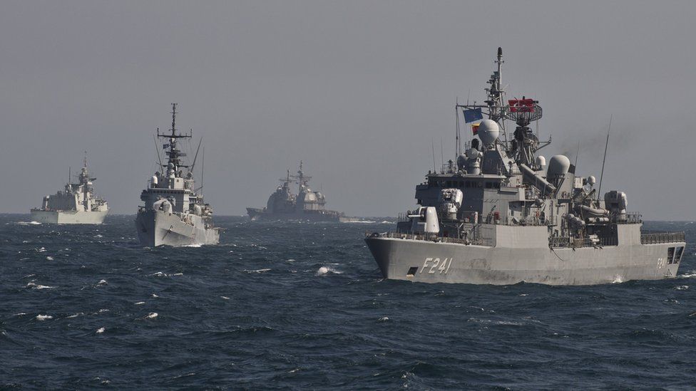 War ships of the NATO Standing Maritime Group-2 take part in a military drill on the Black Sea, 60km from Constanta city March 16, 2015