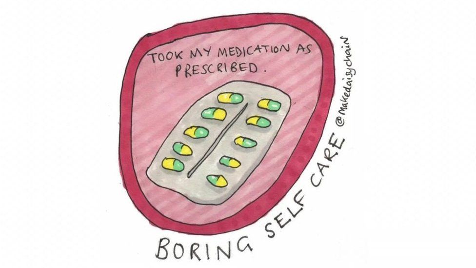 Instagram illustration of a pill packet. Words: "Took my medication as prescribed." and "Boring self care"