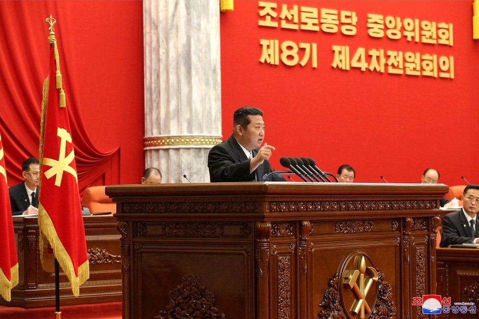 North Korean leader Kim Jong-un chairs a session of the 4th plenary meeting of the 8th Central Committee of the Workers' Party of Korea (WPK), in this photo released on 29 December 2021 by North Korea"s Korean Central News Agency (KCNA)