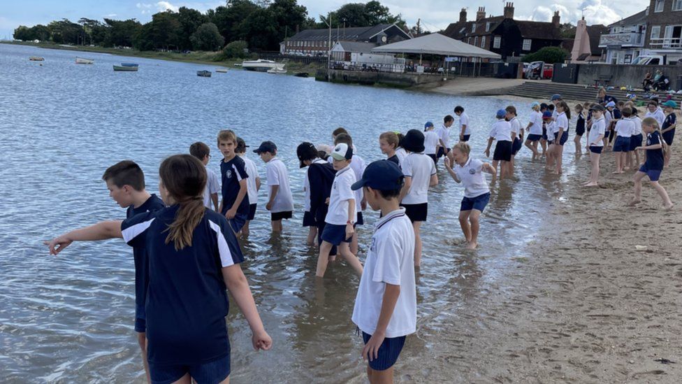 primary school pupils at the beach