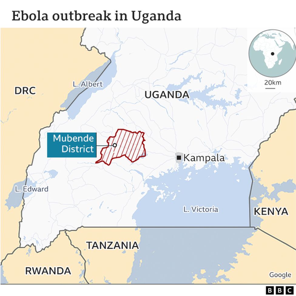 A map of Uganda showing the location of the Ebola outbreak